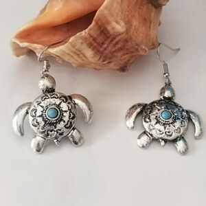 Silvertone Turtle Earrings with Turquoise Accent